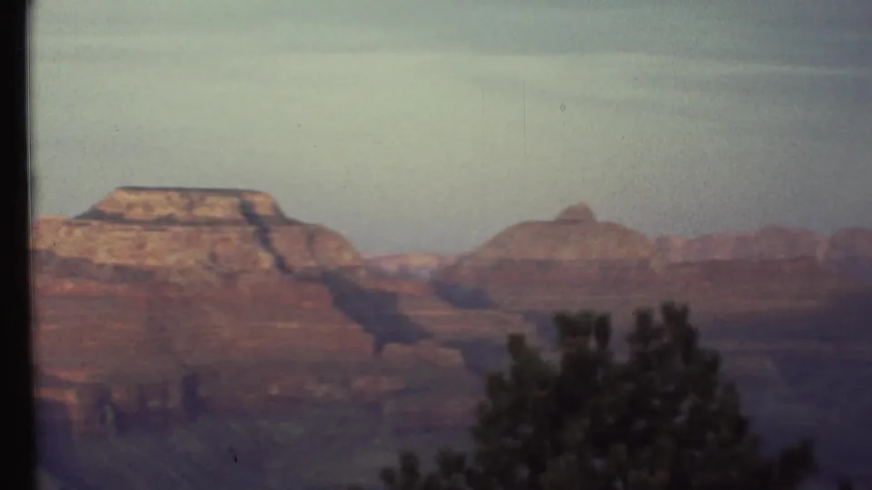 Grand Canyon landscape on 8mm film, showing distant red rock layers, a soft blue-gray sky, and dark evergreen branches near the lower edge.