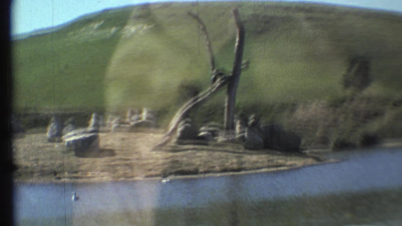 1972 Grand Canyon-area home-movie frame shows water, a rocky shore, bare limbs, and a green hillside beyond.
