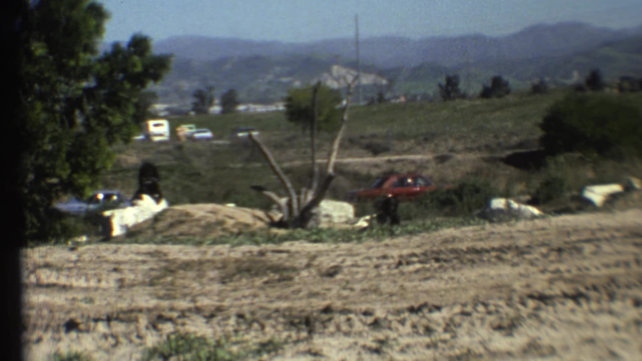Wide roadside view with monkeys near pale rocks, scrub, trees, parked cars, and distant hills.