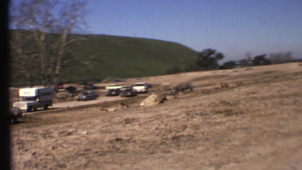 1972 Grand Canyon-area home-movie frame showing a dry roadside field with classic cars, a white camper van, grazing animals, trees, and a green hill.