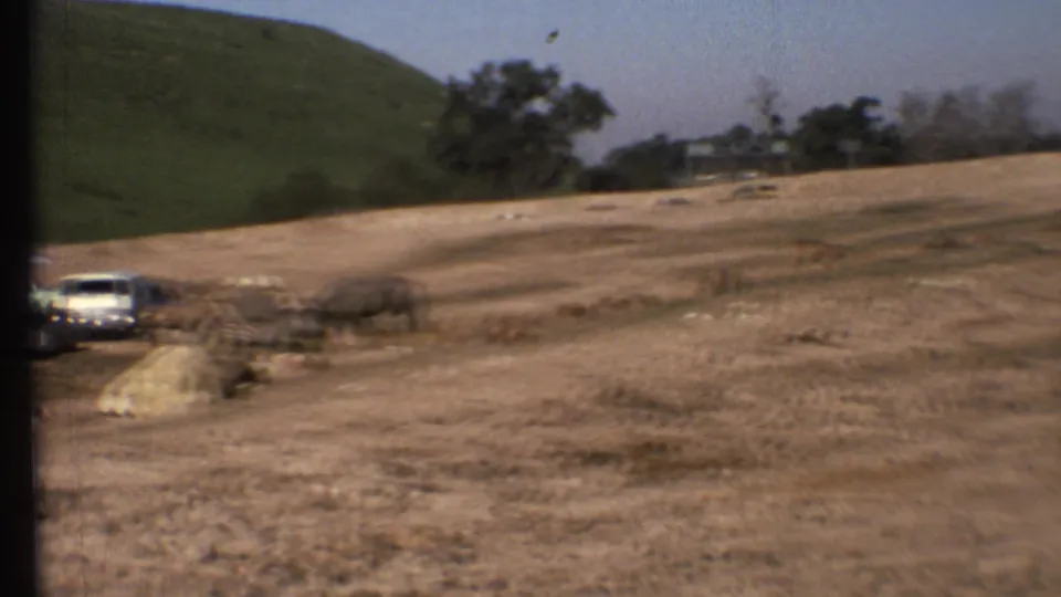 1972 8mm frame showing a dirt safari road, dry grass, green hillside, and a white vehicle entering from the left.