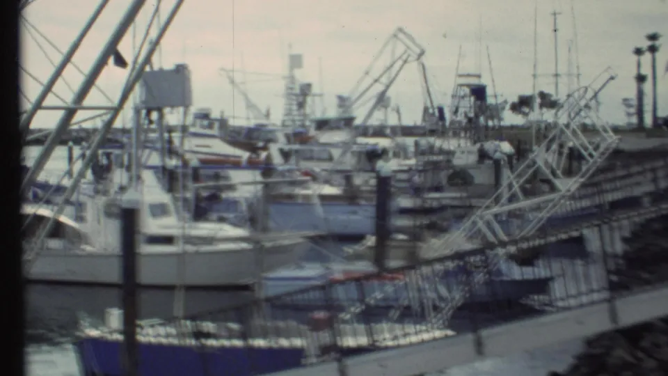 Handheld 8mm frame of a marina with railings, docked boats, distant cranes, and small figures near the slips.