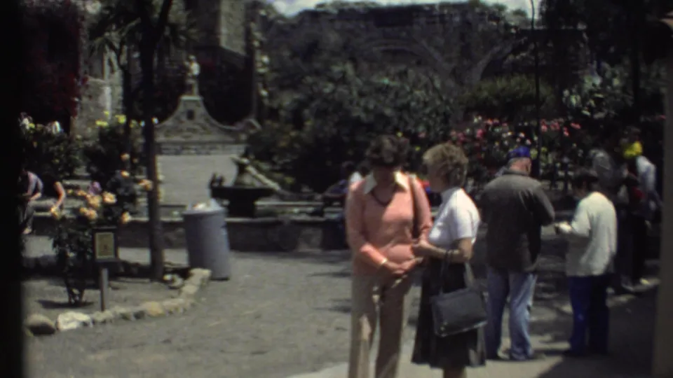 1972 home-movie frame of adults in casual clothes gathered in a landscaped garden with flowers, palms, a path, and stone architectural features.