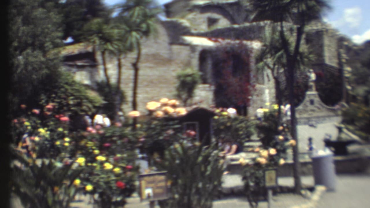 Stone garden structure behind flower beds, palms, paths, and distant visitors.