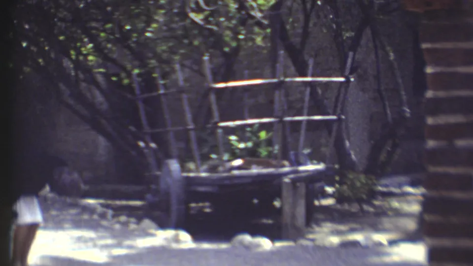 1972 Arizona travel footage showing garden benches, a path, dense landscaping, and partial visitors in the foreground.