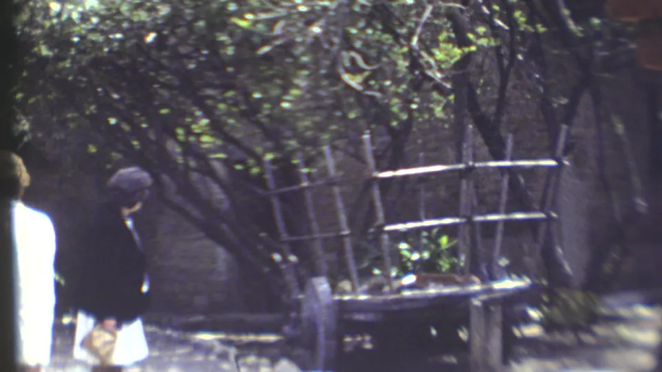 In 1972 Grand Canyon home-movie footage, two women in light coats walk through a shaded area with trees, fencing, and a rustic cart or planter.