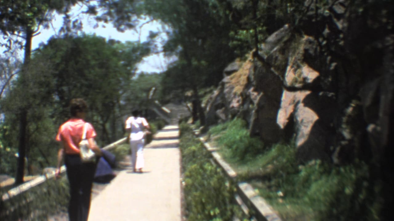 Adults walk on a curving park path beside trees, a low wall, shrubs, and a rocky slope.