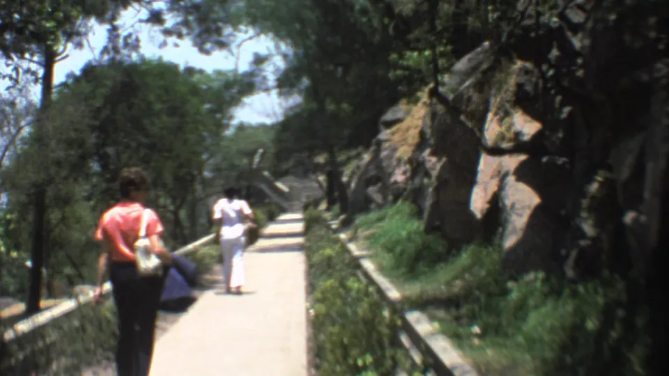 Adults continue through a Mexico City park path bordered by trees, low stonework, hedges, and a rocky landscaped hillside.