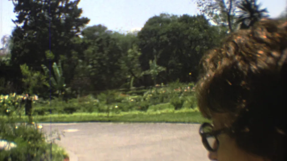 1973 Mexico City home-movie frame with a partial foreground face, a man in light clothing, garden paths, trees, and a distant stone statue.