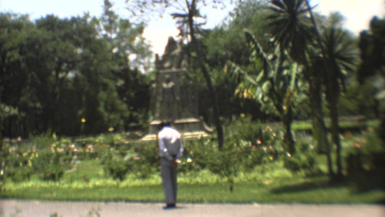 Man stands with hands behind his back facing a stone statue among trees and flowers.