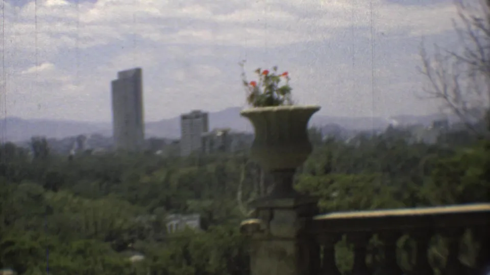 1973 Mexico City veranda view with a stone flower urn, balustrade, wooded foreground, modern towers, and hazy mountains.