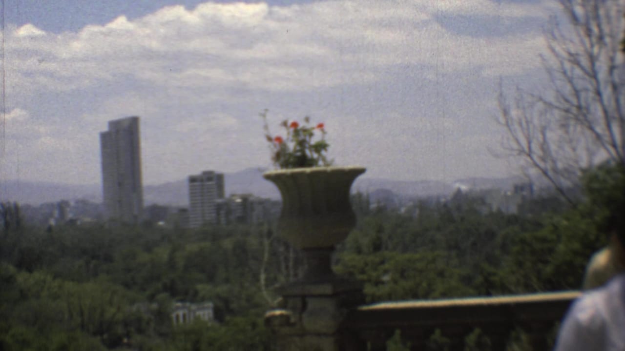 Mexico City skyline seen from an elevated terrace in 1973, with high-rises, greenery, a stone urn, and a partial visitor at frame edge.