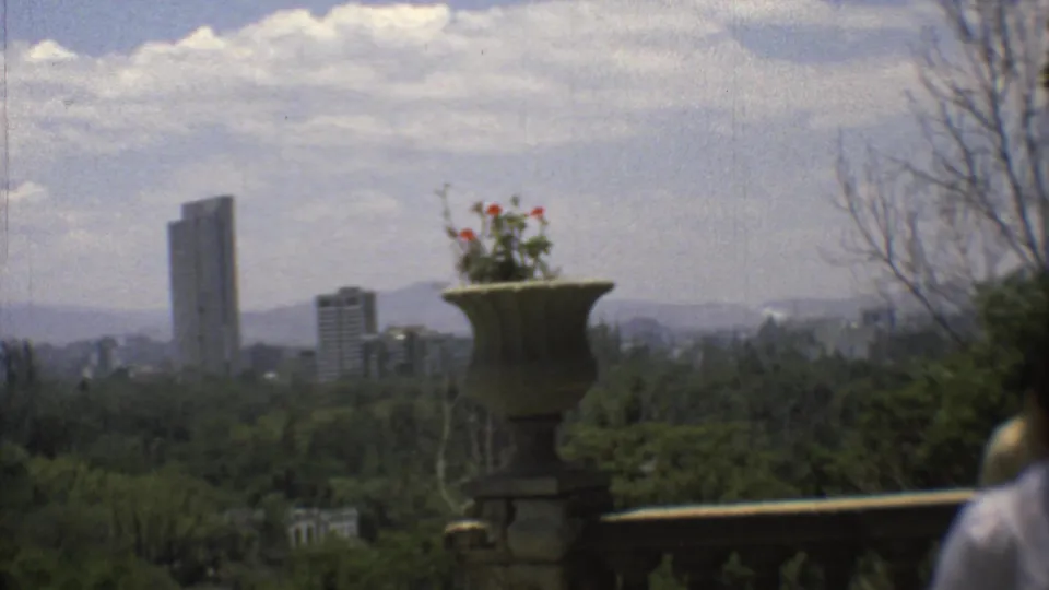 Mexico City skyline seen from an elevated terrace in 1973, with high-rises, greenery, a stone urn, and a partial visitor at frame edge.