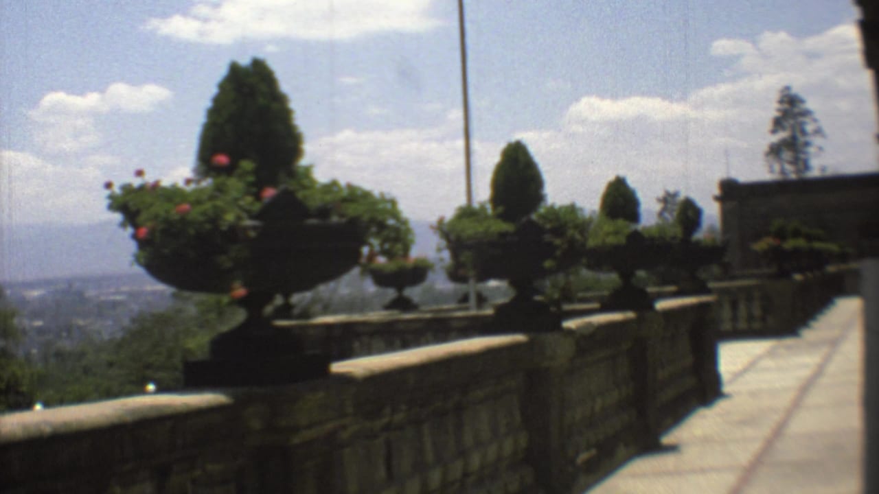 1973 Mexico City 8mm frame centered on a large flowering urn beside a stone terrace, with topiary, flagpole, clouds, and city haze behind.