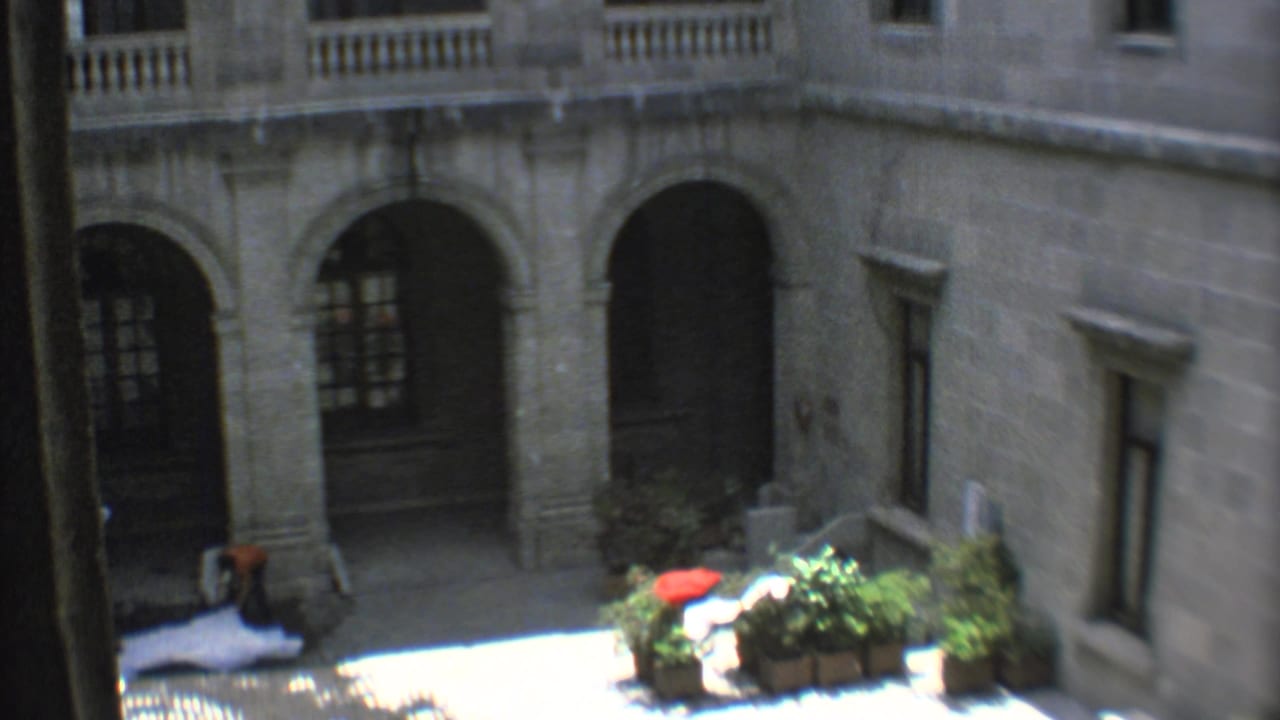1973 Mexico City courtyard view with arched stone architecture, shadowed doorways, potted plants, and strong midday light.