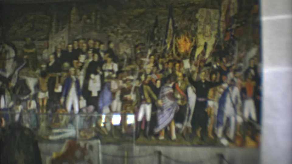 1973 Mexico City museum visitors view a large historical mural framed by columns and glass reflections.