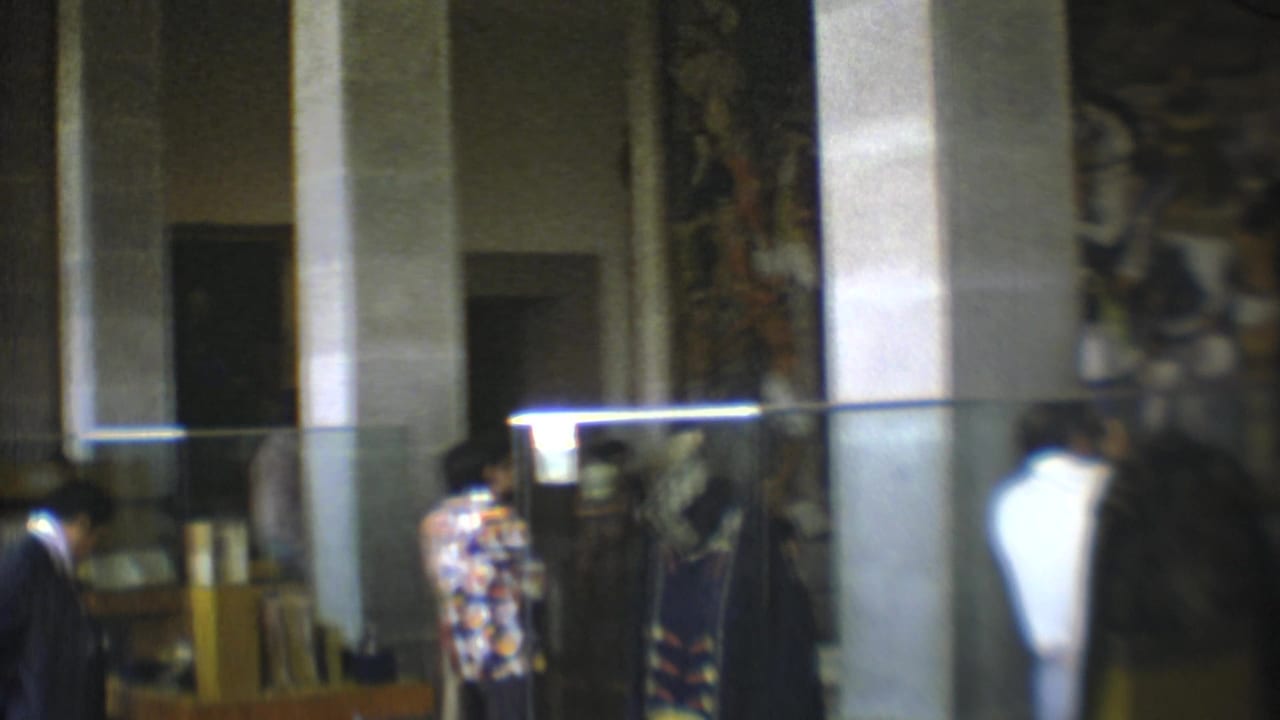 Museum visitors stand near glass display cases between large stone columns.