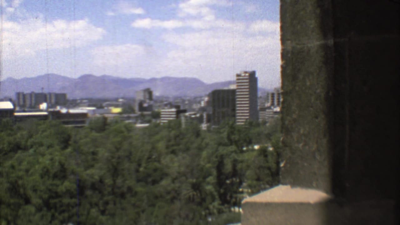 Elevated 1973 Mexico City skyline view with treetops in front, modern buildings in the middle distance, mountains, and a stone pillar.