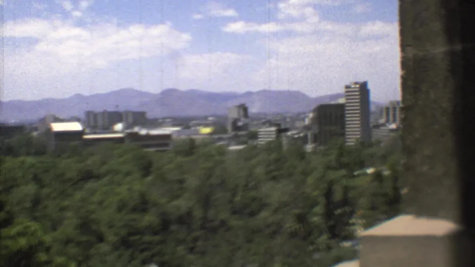 1973 home-movie frame of Mexico City from an elevated position, showing a broad tree canopy, skyline structures, haze, and mountains.
