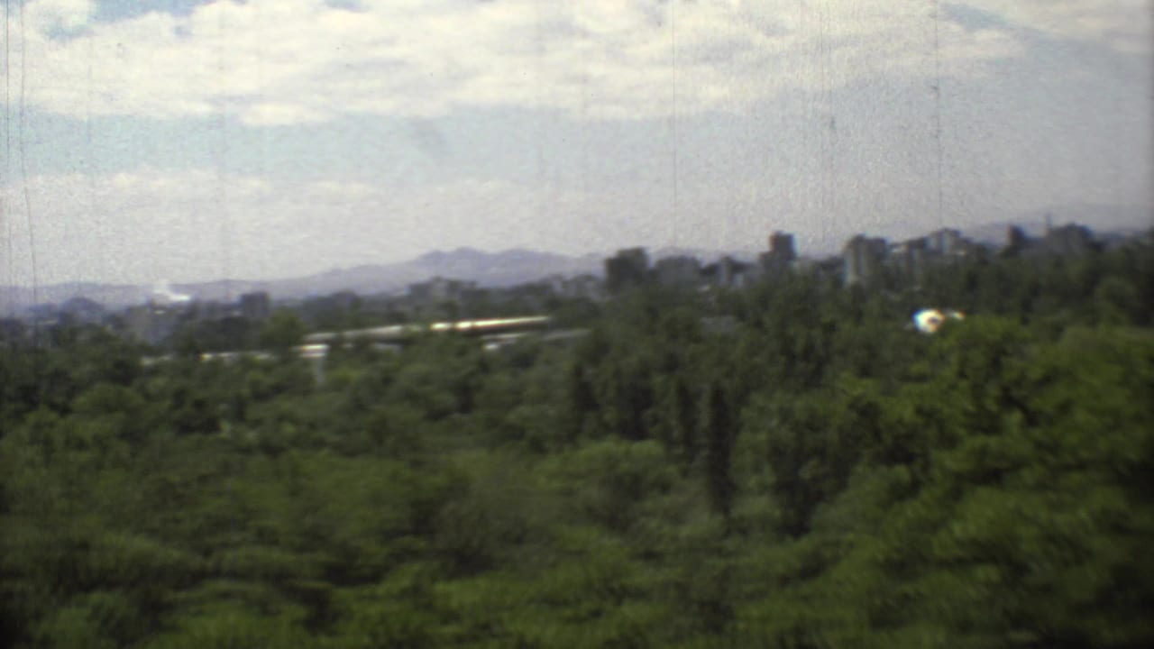 Green forest foreground with scattered distant buildings and mountains beneath clouds.