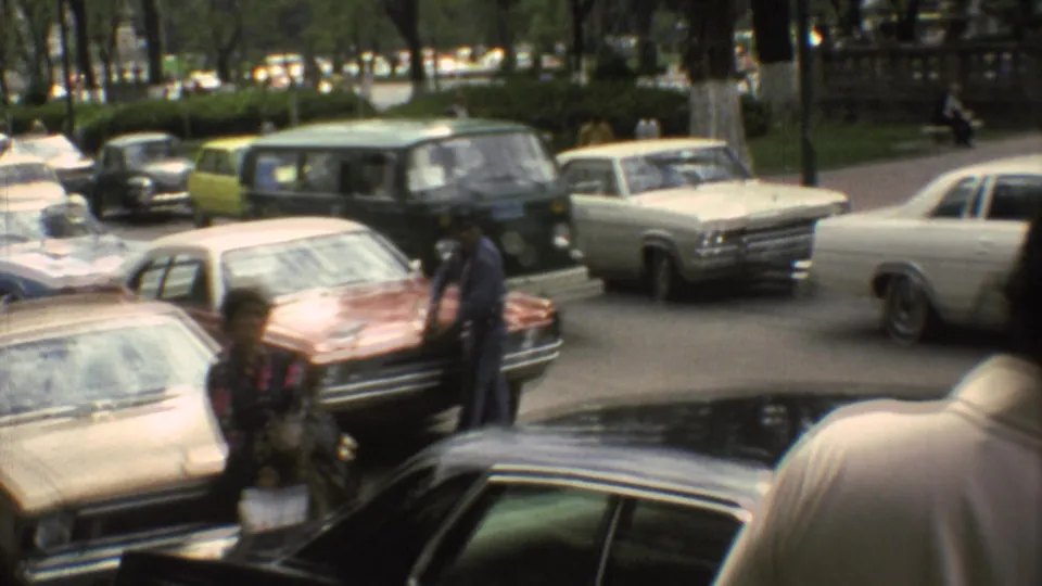 Street-level 1973 Mexico City view showing older sedans, pedestrians, and traffic beside trees and parked vehicles.