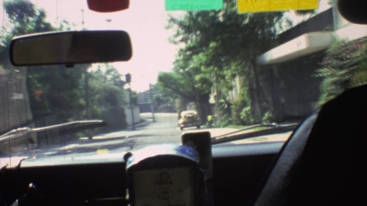 Inside-car view in Mexico City, 1973, looking past the rearview mirror and dashboard toward trees, buildings, and a car on the roadside.