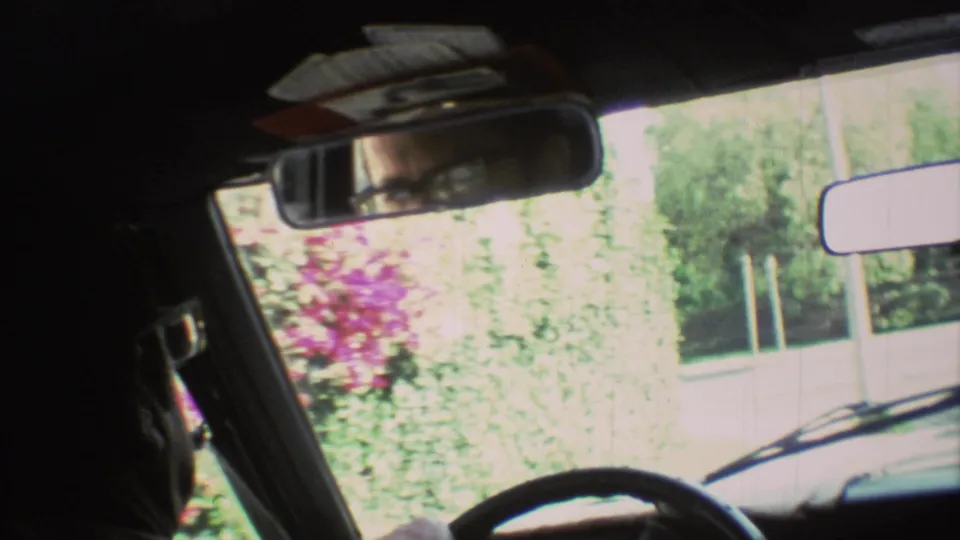 1973 car-interior frame showing a partial reflected driver face with glasses, rearview mirror, steering wheel, windshield wiper, wall, and plants outside.