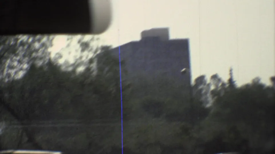 Soft, moving 8mm frame from Mexico City with trees in the foreground and a tall distant building partially obscured by motion blur.