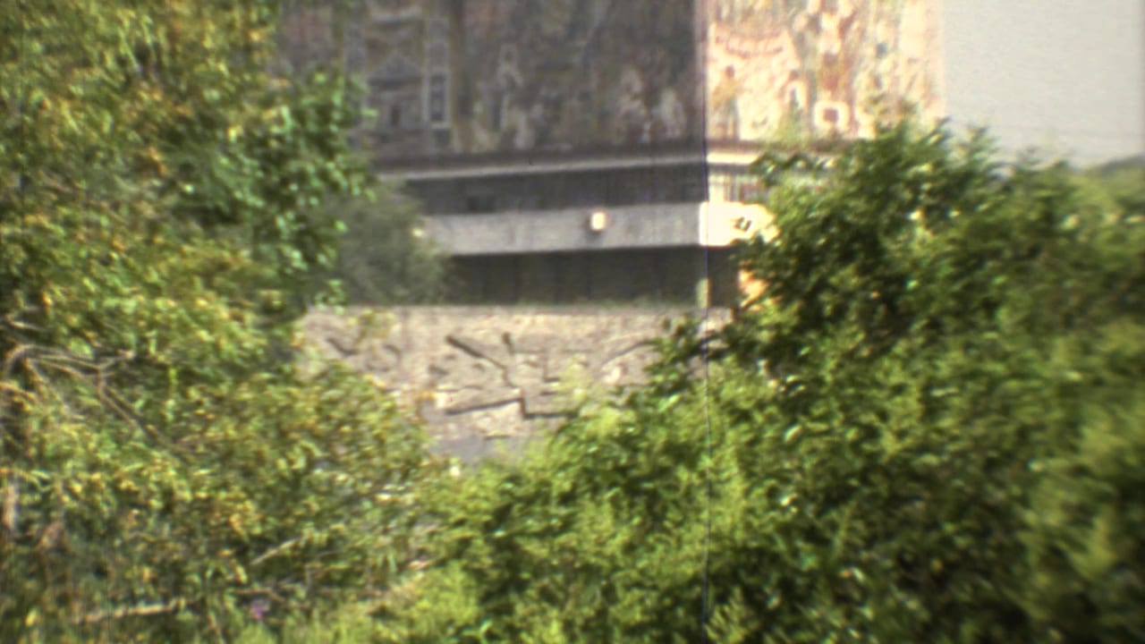 Closer view of a building facade and wall relief behind thick greenery.