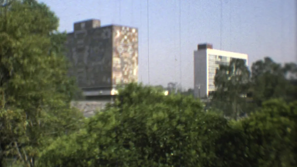 1973 Mexico City home-movie view of modern buildings seen above dense green trees, with a high-rise tower at right.