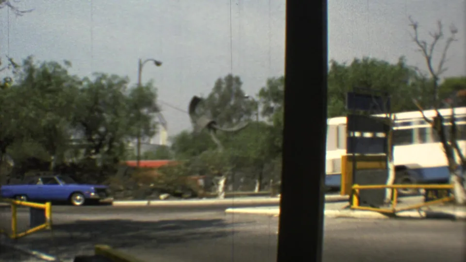 1973 Mexico City roadside view with a blue car, trees, yellow barrier, vertical post, and sunlit exterior structures.