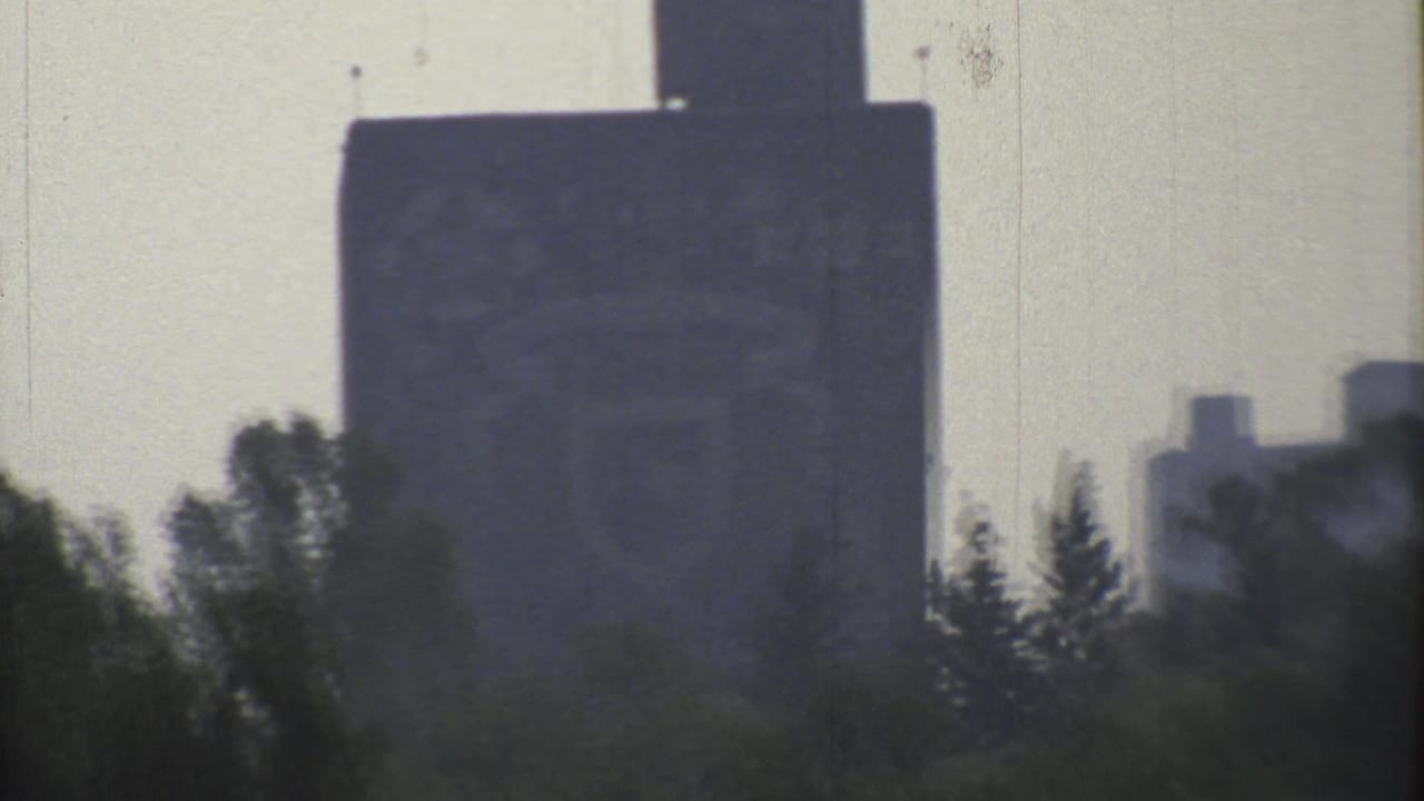 A distant tall building rises behind roadside trees in hazy 1973 Mexico City footage.