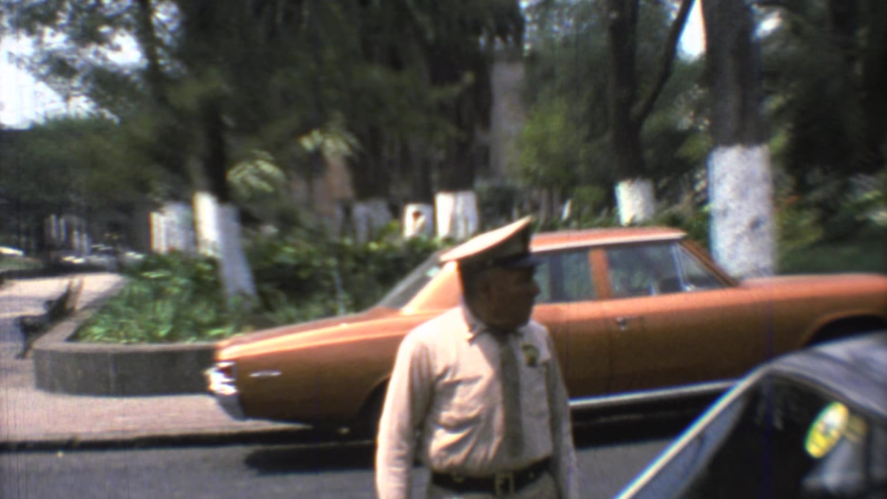 Uniformed police officer stands beside a classic orange sedan on a shaded street.