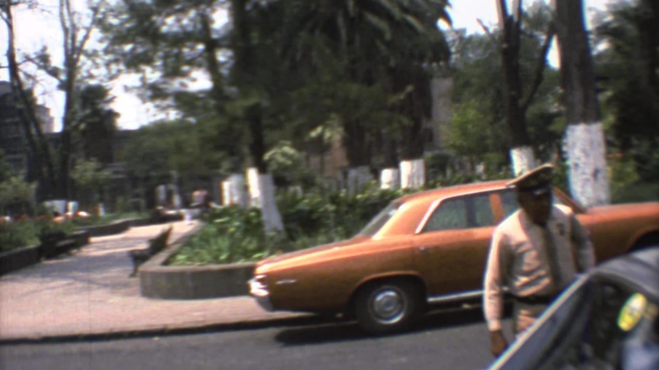 1973 Mexico City street view with a uniformed guard, orange sedan, nearby car, trees, and planted median.