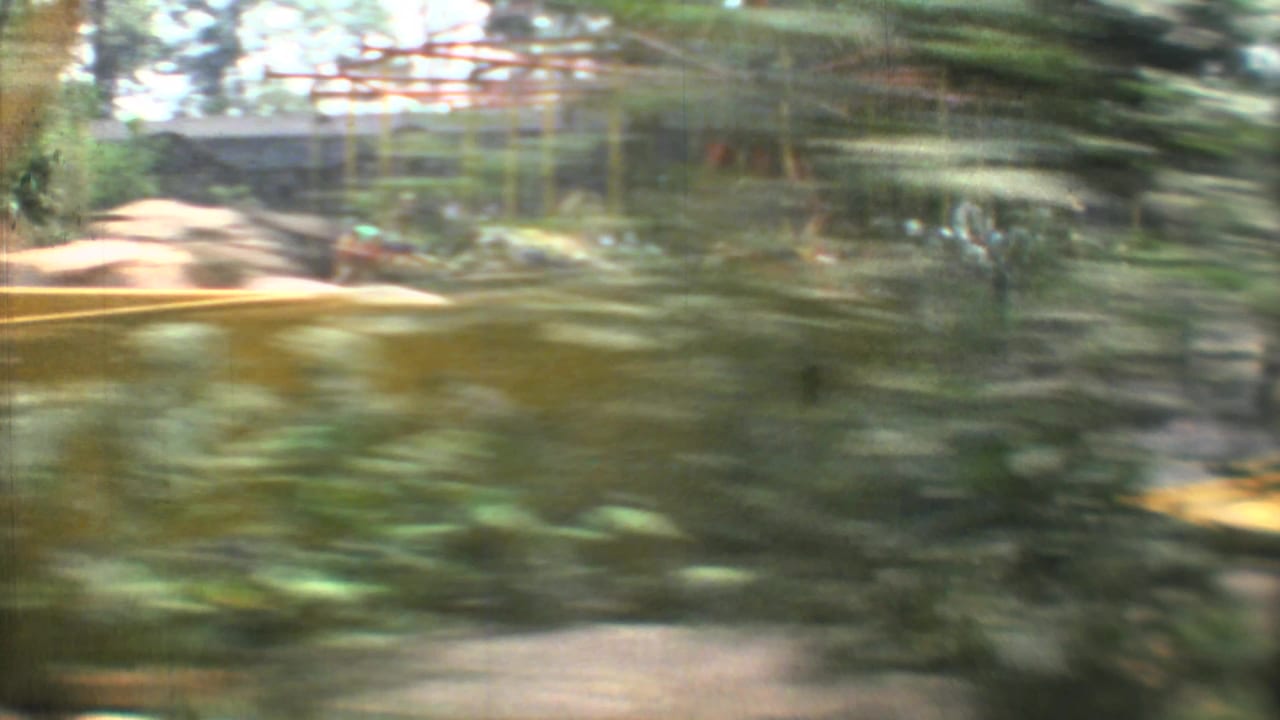 Blurred 8mm frame from a moving vehicle, with a yellow car and roadside greenery in Mexico City.