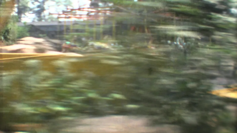 Blurred 8mm frame from a moving vehicle, with a yellow car and roadside greenery in Mexico City.