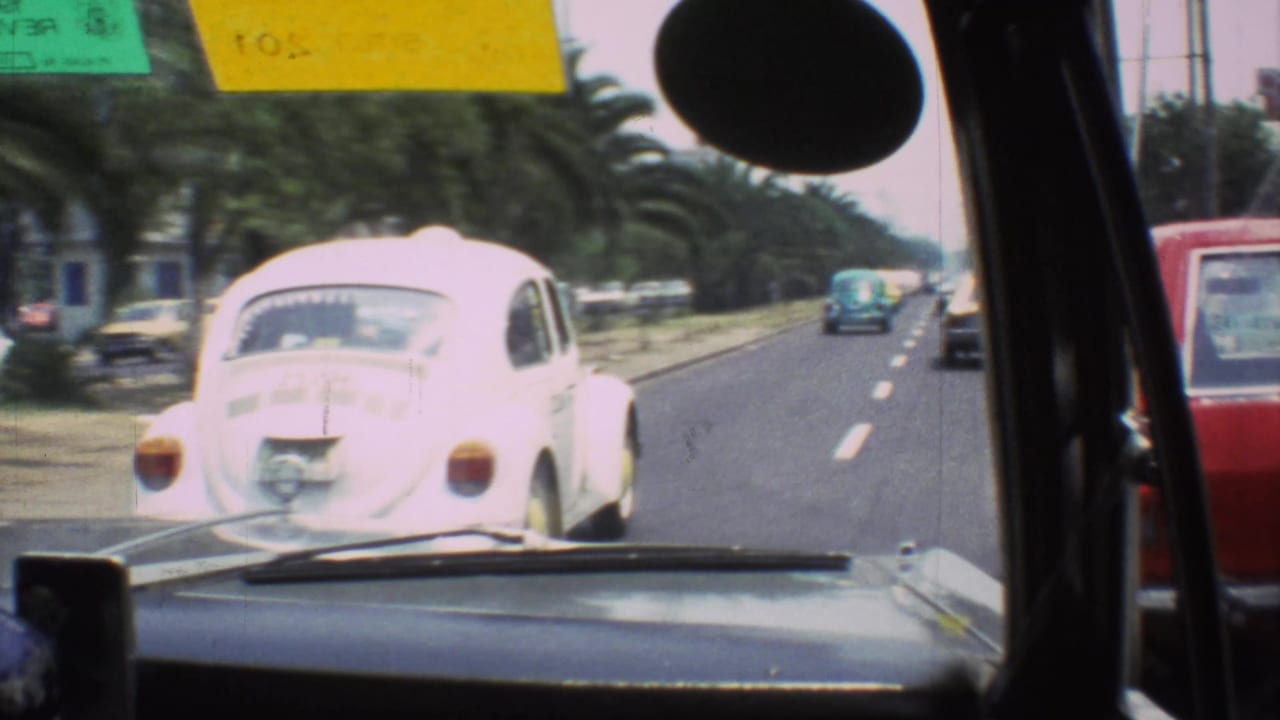 White Volkswagen Beetle ahead of the camera car in slow traffic.