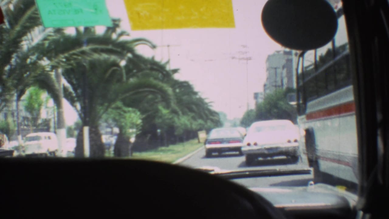 1973 Mexico City windshield view along a palm-lined road, with cars ahead, a white car, and a large vehicle at right.