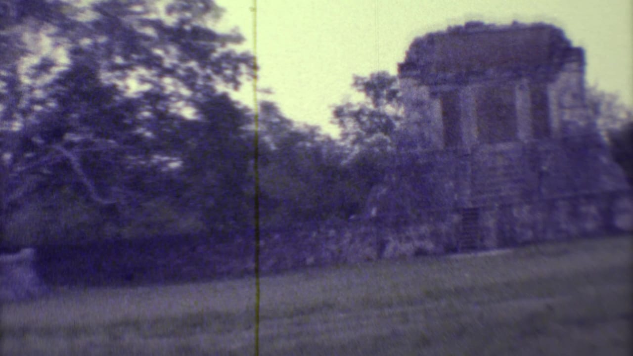 Weathered stone ruin with trees and grass under a pale sky.