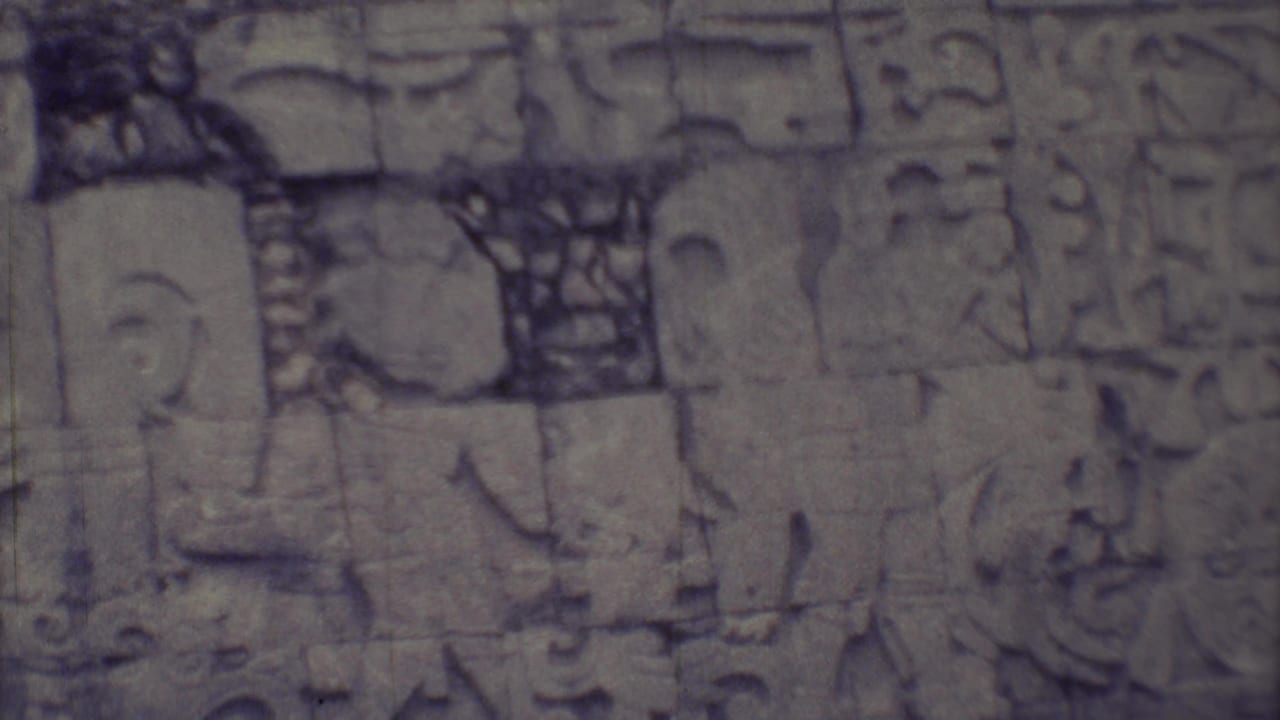 Close view of carved stone blocks on a weathered ruin wall beneath cloudy sky.