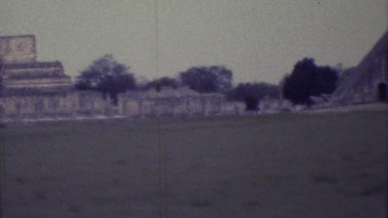 Stone temple structures and trees viewed from across a grass field.
