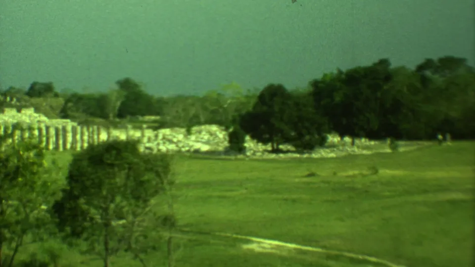 1973 8mm Yucatan travel frame with foreground tree, green field, pale stone ruins, and dense trees in the distance.
