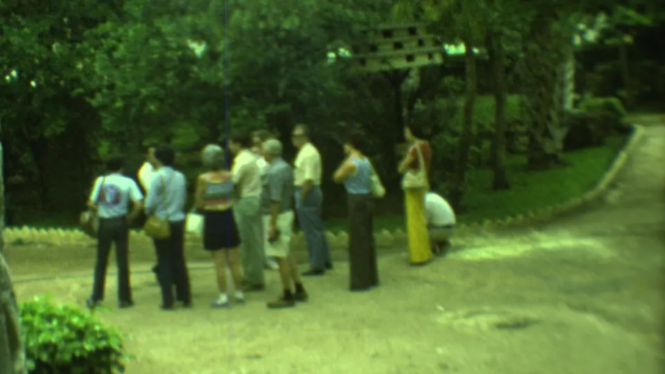 1973 Yucatan travel footage frame with a tour group standing together in a leafy garden area.