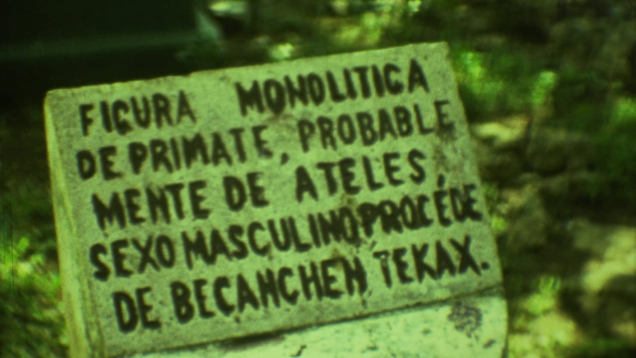 1973 Yucatan home-movie frame showing a weathered Spanish sign about a monolithic primate figure amid tropical foliage.