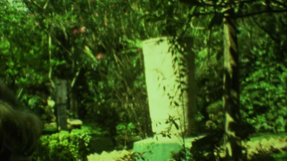 A man appears near a pale upright stone feature within a lush Yucatan garden or ruins setting in 1973 home-movie footage.