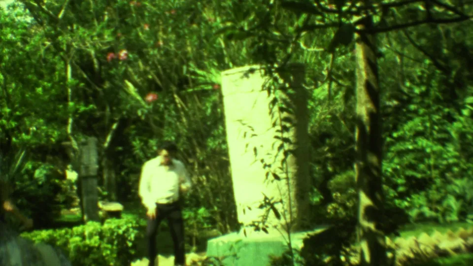 A man in a light shirt stands near a pale upright stone feature and thick foliage in 1973 Yucatan home-movie footage.