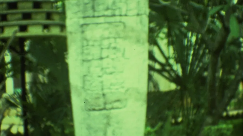 Weathered stone with carved markings stands before tropical foliage in 1973 Yucatan home-movie footage.
