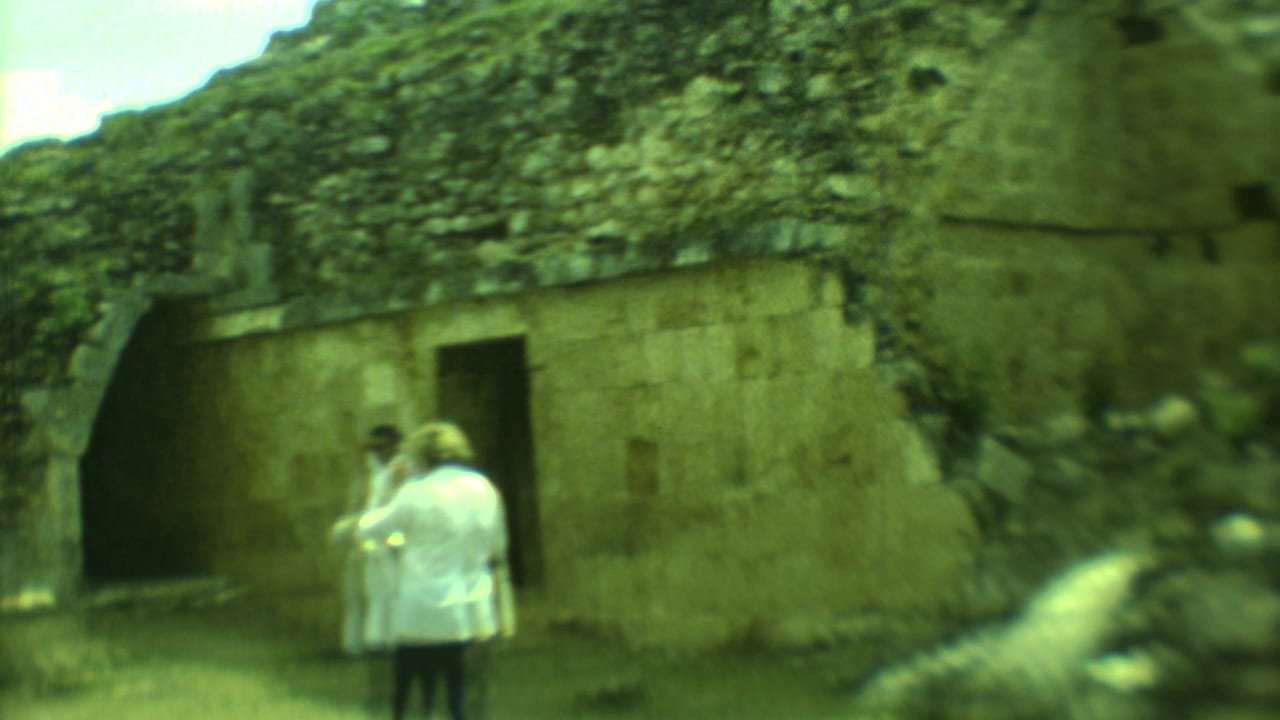 A visitor in a light jacket stands before a stone wall and dark doorway.