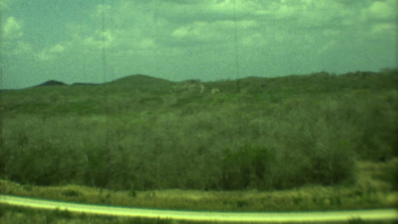 Wide scrubland view with low hills, cloudy sky, and a pale road edge in the foreground.