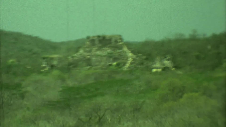 Vintage 8mm view of a stone ruin in Yucatan, partially obscured by jungle vegetation and handheld blur.